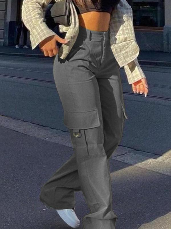  Solid Pocket Button Zipper Cargo Pants, Casual Street Straight Leg Trousers for Women, Women's Bottoms for Fall & Winter