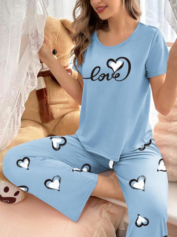 2 Counts Women's Heart Graphic Pyjama Set, Comfort Soft Round Neck Short Sleeve Tee & Elastic Waist Pants Homewear Set, Casual Breathable Sleepwear Set for Summer