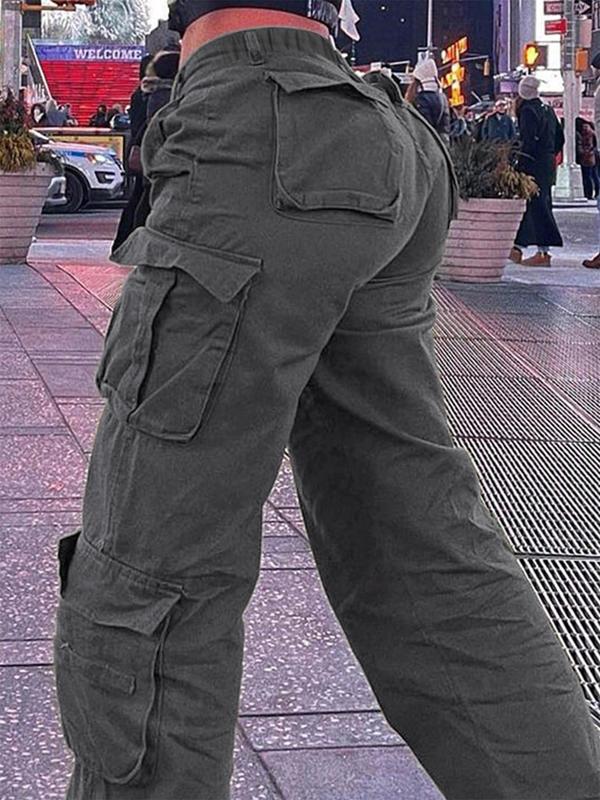 Women's Plain Flap Pocket Cargo Pants, Casual Street Wide Leg Trousers for Daily Wear, Ladies Bottoms for All Seasons