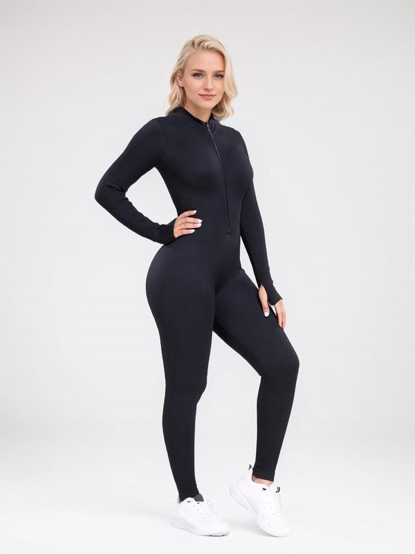 Women's Solid Zip Up Mock Neck Bodysuit, Casual Sporty Comfy Long Sleeve Bodysuit for Fall, Ladies Clothes for Daily Wear