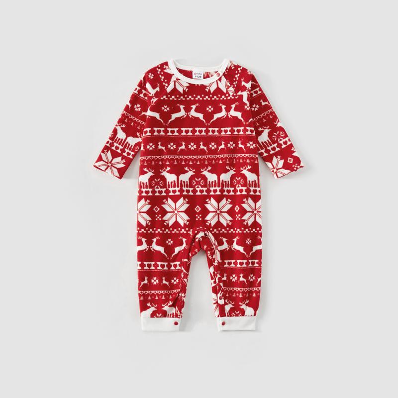 PatPat Christmas Family Matching Long-sleeve Allover Deer & Snowflake Print Red Thickened Polar Fleece Pajamas Sets
