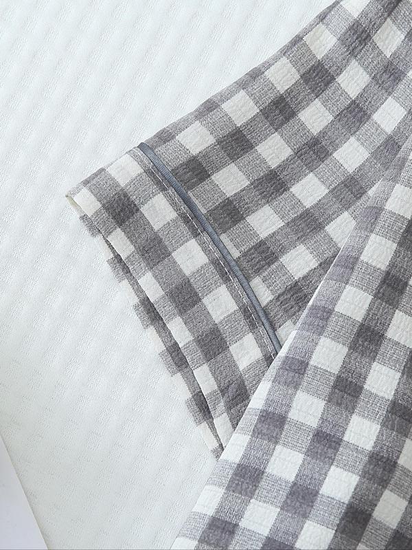 Two-Piece Set Women's Plaid Print Pajama Set, Long Sleeve Lapel Neck Button Front Shirt & Bow Decor Pants PJ Set, Women's Sleepwear for All Seasons