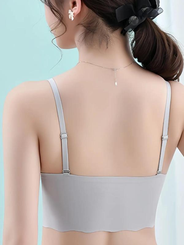 Women's Solid Scallop Trim Wireless Bra, Adjustable Strap Push Up Bralette, Bras for Women, Soft Comfy Lingerie for Women