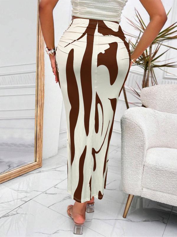 Women's All Over Print High Waist Skirt, Casual Fashion Ruched Long Skirt for Summer, Ladies Bottoms for Beach Holiday