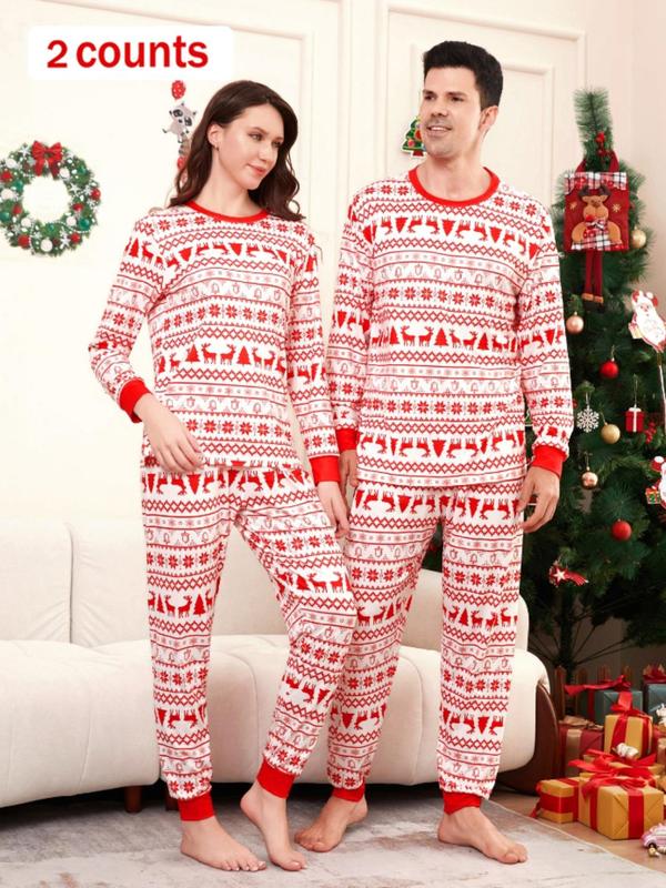 Two-Piece Set Couple's Christmas Print Long Sleeve Sleep Tee & Elastic Waist Pants Pajama Set, Casual Comfy Round Neck Pajama Top & Trousers Homewear Set, Couple's Sleepwear for Spring & Fall
