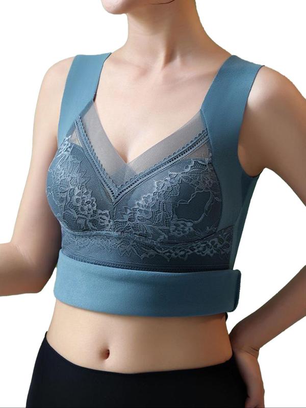 Women's Solid Contrast Lace Thermal Underwear Top, Casual Comfy Warm V Neck Sleeveless Top for Fall & Winter, Women's Thermal Underwear for Daily Wear