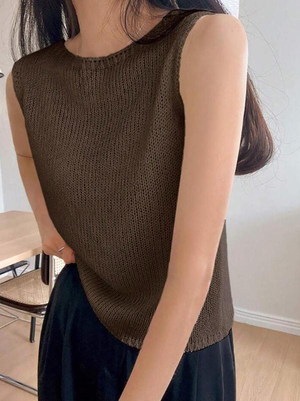 Women's Plain Round Neck Sweater Vest, Casual Sleeveless Knit Top for Summer, Fashion Women's Knitwear for Daily Wear