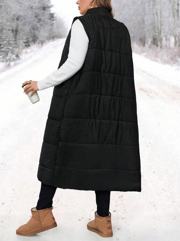  Solid Button Front Pocket Quilted Vest Coat, Casual Sleeveless Outerwear for Fall & Winter, Women's Clothes for Daily Wear