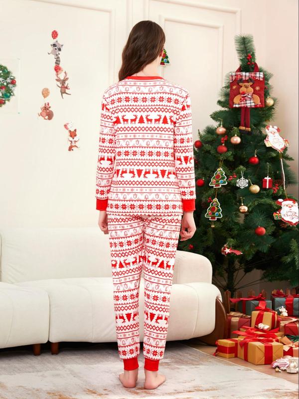 Two-Piece Set Couple's Christmas Print Long Sleeve Sleep Tee & Elastic Waist Pants Pajama Set, Casual Comfy Round Neck Pajama Top & Trousers Homewear Set, Couple's Sleepwear for Spring & Fall