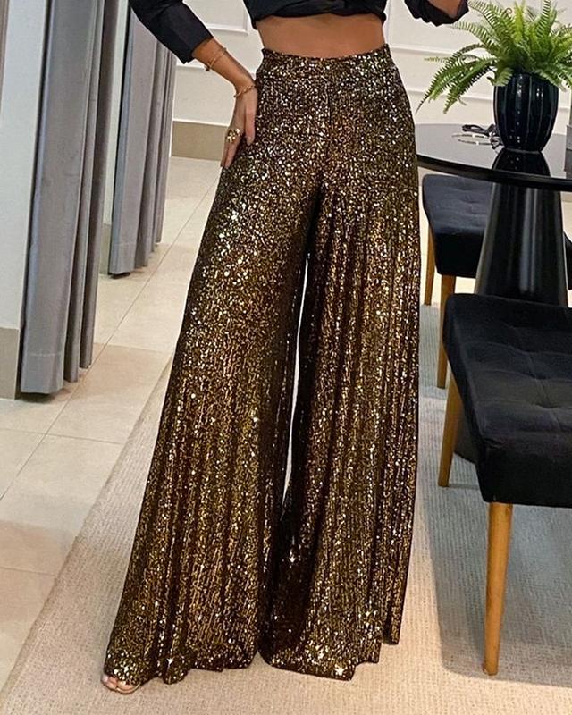 ChicMe Women‘s High Waist Allover Sequin Wide Leg Flared Party Pants Comfort Fabric