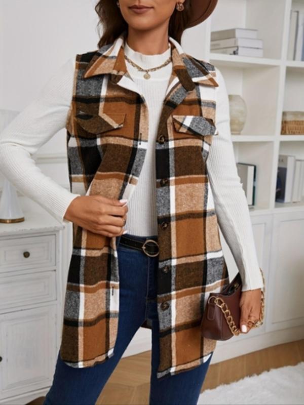 Women's Plaid Print Button Front Vest Coat, Casual Sleeveless Collared Outerwear for Spring & Fall, Ladies Clothes for Daily Wear