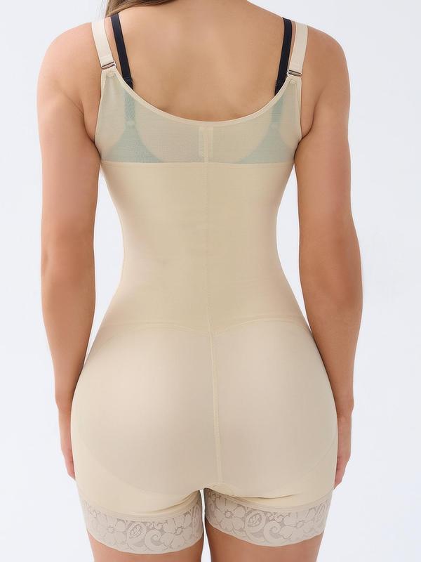 Women's Sexy Open Bust Contrast Lace Adjustable Hook & Eye Closure Front Shapewear Romper, Casual Adjustable Strap Tummy Control Butt Lifter Shaper, Women's Shapewear for Daily Wear