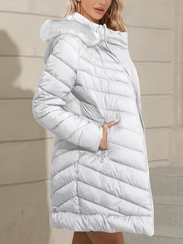 Women's Solid Color Contrast Faux Fur Hooded Quilted Jacket, Casual Long Sleeve Zip Up Quilted Outerwear for Fall & Winter, Women's Clothing for Daily Wear