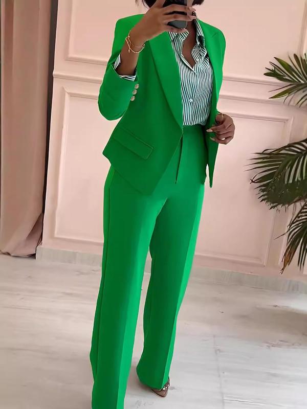 Women's Solid Pocket Lapel Neck Blazer & Pants Two-piece Set, Elegant Long Sleeve Outerwear & Straight Leg Trousers for Work Office Business, Ladies Spring & Fall Clothes