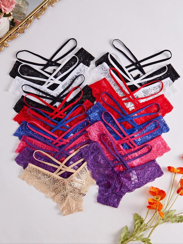 Women's Solid Color Criss Cross Lace Thong, Breathable Comfortable Panty for Daily Wear, Women's Underwear for All Seasons
