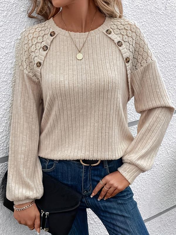Women's Contrast Floral Lace Button Decor Ribbed Tee, Casual Drop Shoulder Long Sleeve Round Neck T-shirt  for Spring & Fall, Fashion Women's Knitwear for Daily Wear