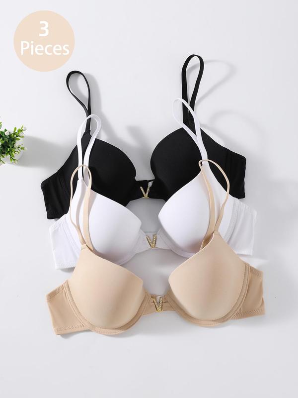 Women's Solid Color Chain Detail Push Up Bra, Adjustable Strap Underwire Lingerie Top, Women's Soft Comfortable Breathable Lingerie for All Seasons