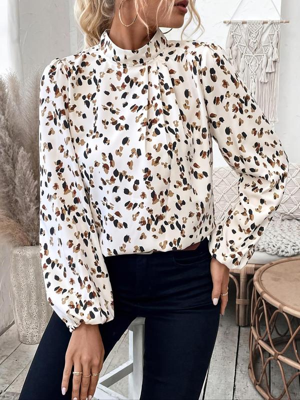Women's All Over Print Plicated Blouse, Elegant Keyhole Back Bishop Sleeve Top for Spring & Fall, Ladies Clothes for Work Office Business