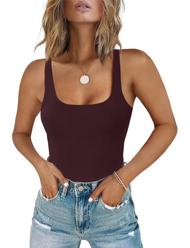Women's Square Neck Sleeveless Bodysuit Double Lined Tops Thong Bodysuit