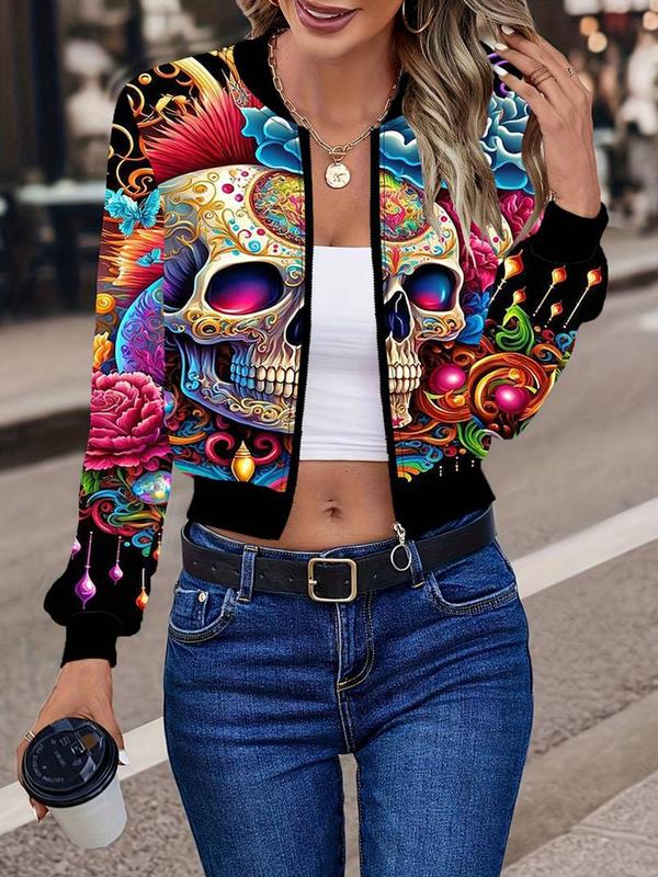 Women's  Skull Print Zip Up Jacket, Fashion Casual Long Sleeve Mock Neck Outerwear for Daily Outdoor Wear, Ladies Clothes for All Seasons