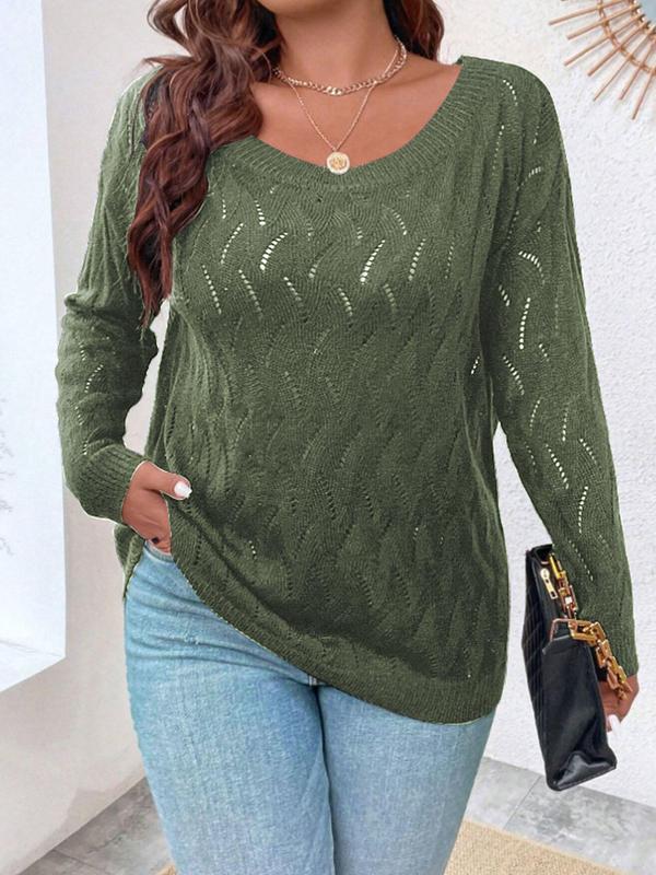 Plus Size Solid Hollow Out Drop Shoulder Sweater,  Designer Clothing, Casual Long Sleeve Scoop Neck Jumper for Spring & Fall, Women's Plus Clothing for Daily Wear