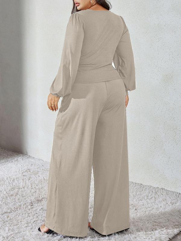 Black Friday Deals CURVZY Plus Size Two-piece Set Solid Ruched Tie Front Blouse & Wide Leg Pants Set, Elegant Bishop Sleeve Top & High Waist Trousers for Daily Wear, Women's Two-piece Outfits,Christmas 2024 Trend,Thanksgiving Outfits,Winter Outfits
