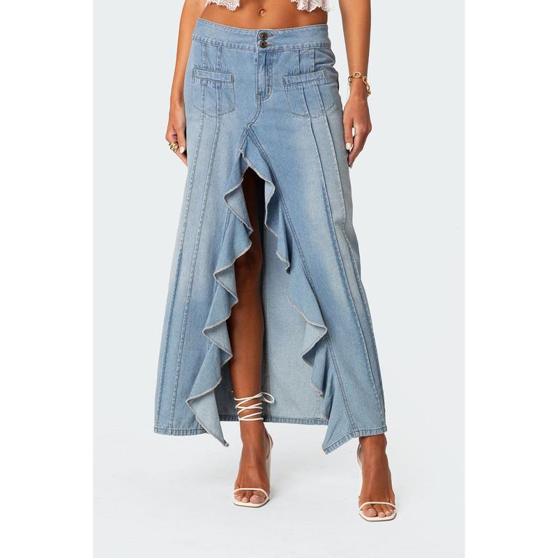 Valencia Ruffle Slitted Denim Maxi Skirt