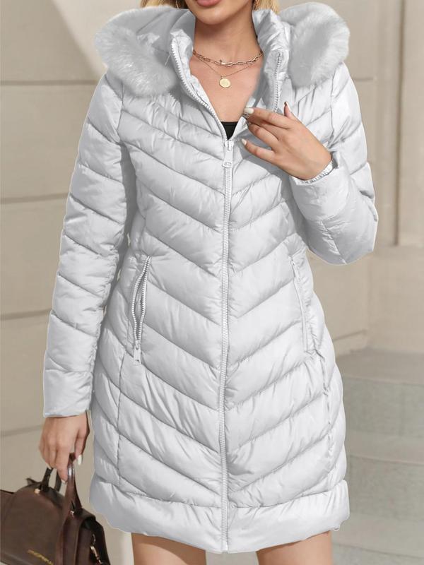 Women's Solid Color Contrast Faux Fur Hooded Quilted Jacket, Casual Long Sleeve Zip Up Quilted Outerwear for Fall & Winter, Women's Clothing for Daily Wear