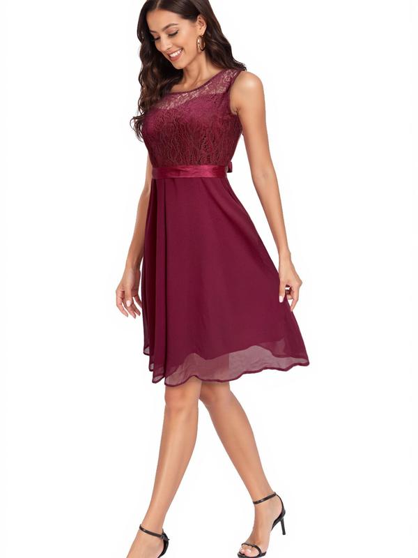 Women's Contrast Floral Lace Bow Back Tank Dress, Elegant Backless Midi Dress for Party Wedding Guest, Ladies Clothes for All Seasons