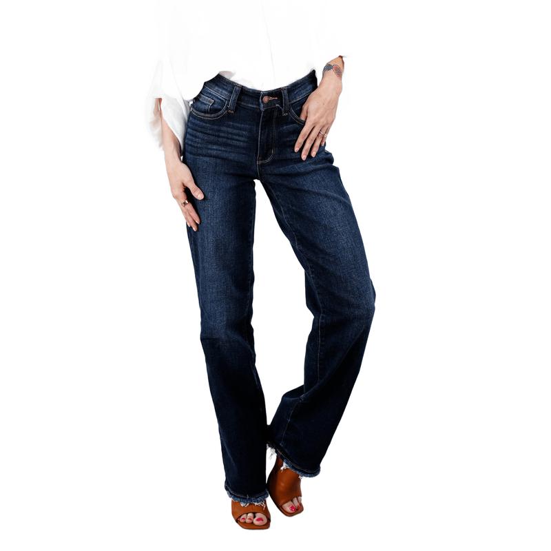 Judy Blue Mid Rise Dark Wash Straight Leg Jeans with Frayed Hem