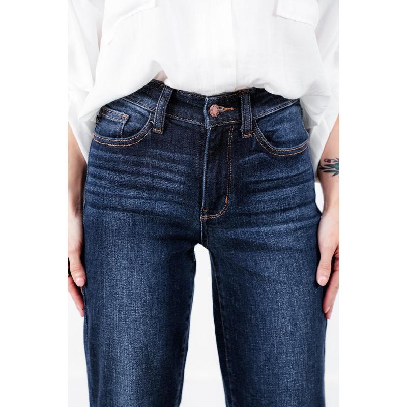Judy Blue Mid Rise Dark Wash Straight Leg Jeans with Frayed Hem