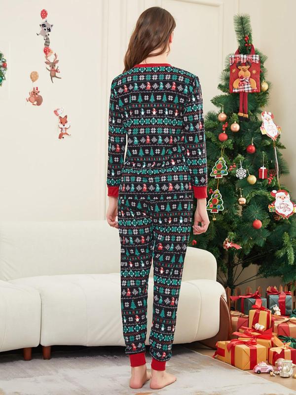 Two-Piece Set Couple's Christmas Print Long Sleeve Sleep Tee & Elastic Waist Pants Pajama Set, Casual Comfy Round Neck Pajama Top & Trousers Homewear Set, Couple's Sleepwear for Spring & Fall