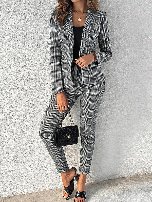 Women's Plaid Print Button Front Blazer & Pants Two-piece Set, Long Sleeve Pocket Outerwear & Drawstring Trousers, Women's Clothing for Work Office Business