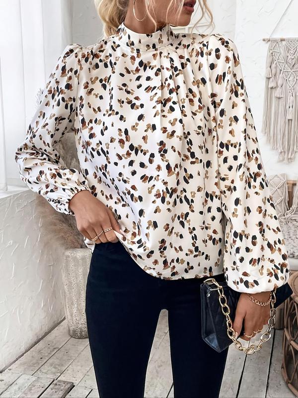 Women's All Over Print Plicated Blouse, Elegant Keyhole Back Bishop Sleeve Top for Spring & Fall, Ladies Clothes for Work Office Business