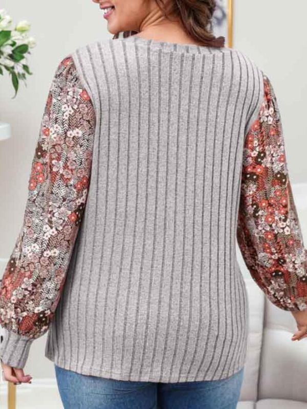  Floral Patchwork Print V Neck Top, Casual Bishop Sleeve Top for Daily Wear, Women's Clothing for All Seasons