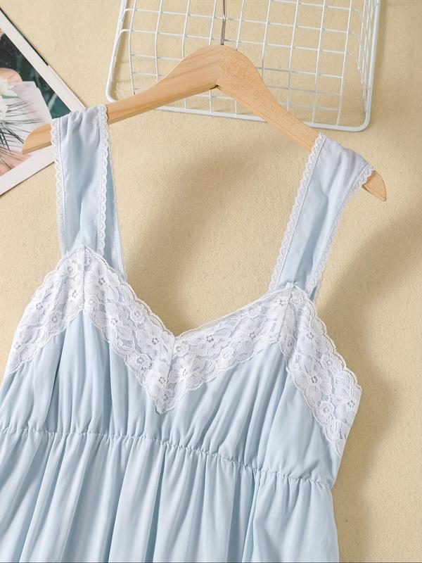 Women's Contrast Lace Ruched Backless Cami Nightdress, Elegant Scallop Trim Sleeveless Nightgown, Summer Sleepwear for Ladies