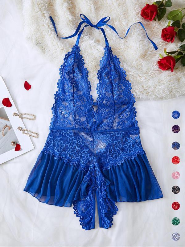 Women's Plain Backless Tie Back Lace Cami Nightdress, Elegant Romantic Lace Nighty Dress for All Seasons, Sexy Lingerie Dress, Sleepwear for Women