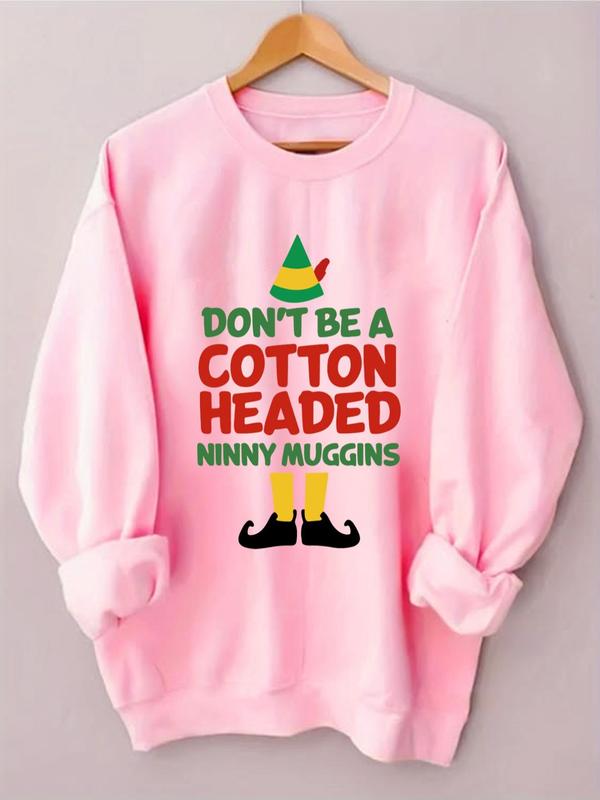 Women's Letter & Elf Print Crew Neck Sweatshirt, Casual Long Sleeve Pullover for Fall & Winter, Women's Clothes for Daily Wear