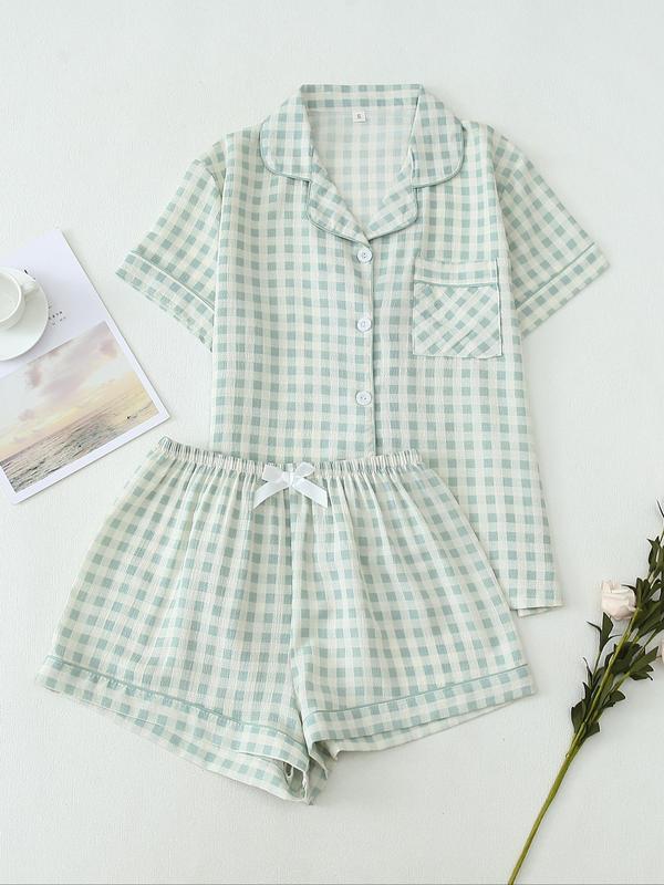 Two-Piece Set Women's Plaid Print Pajama Set, Long Sleeve Lapel Neck Button Front Shirt & Bow Decor Pants PJ Set, Women's Sleepwear for All Seasons