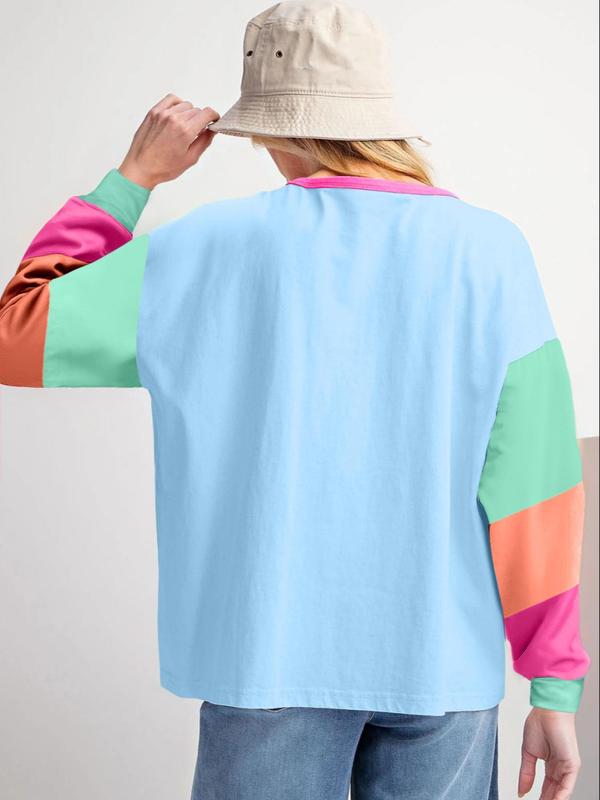 Women's Patchwork Print Contrast Binding Drop Shoulder Tee, Casual Long Sleeve Round Neck T-shirt for Fall & Winter, Women's Top for Daily Wear