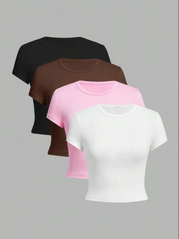 Women's Solid Round Neck Crop Tee, Casual Short Sleeve Crew Neck T-shirt for Daily Wear, Summer Outfits 2024, Back To School Clothes, Ladies Clothes, Going out Tops 2000s