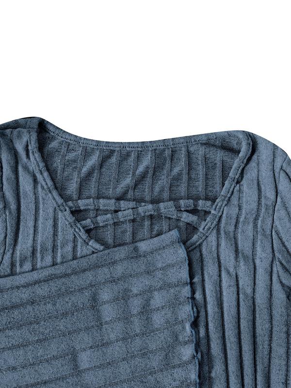 Women's Plain Criss Cross Lettuce Trim Flounce Sleeve Skinny Tee, Elegant Scoop Neck Long Sleeve T-shirt for Daily Wear, Ladies Clothes for All Seasons