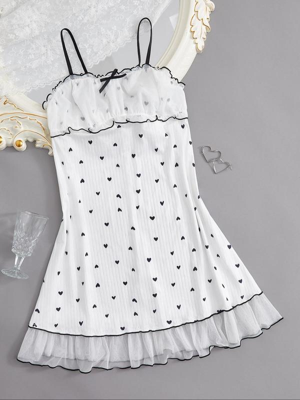 Women's Heart Patchwork Print Ruffle Hem Cami Nightdress, Cute Contrast Binding Frill Trim Nightgown, Soft Comfy Sleepwear for All Seasons