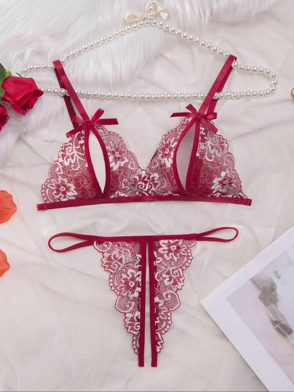Women's Floral Lace Bow Front Sexy Lingerie Set, Fashion Cut Out Bra & Sheer Thong Set, Soft Comfy Breathable Sexy Two-piece Lingerie Set for Women