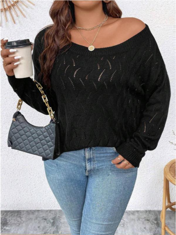 Plus Size Solid Hollow Out Drop Shoulder Sweater,  Designer Clothing, Casual Long Sleeve Scoop Neck Jumper for Spring & Fall, Women's Plus Clothing for Daily Wear