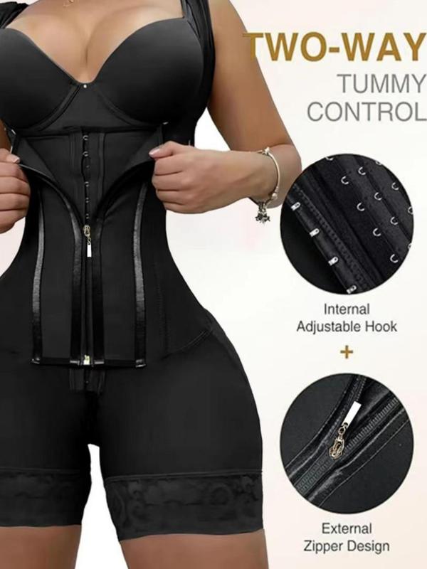 Women's Solid Contrast Lace Zipper Shapewear Romper, Adjustable Hooks Tummy Control Shaper, Women's Shapewear for Daily Wear