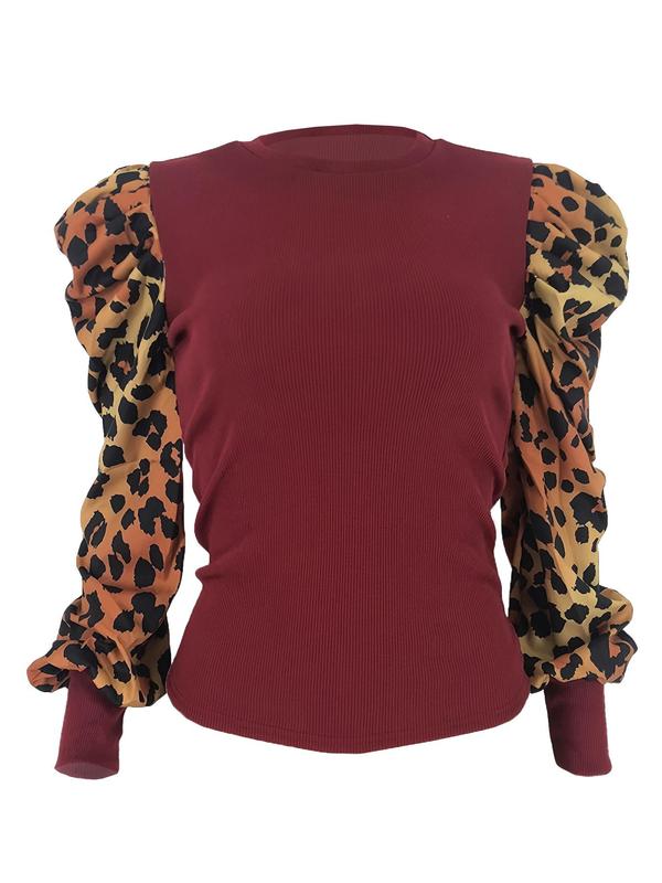 Women's Leopard Print Leg-of-mutton Sleeve T-shirt, Fashionable Round Neck Long Sleeve Top For Spring & Fall, Women's Clothes For Daily Wear