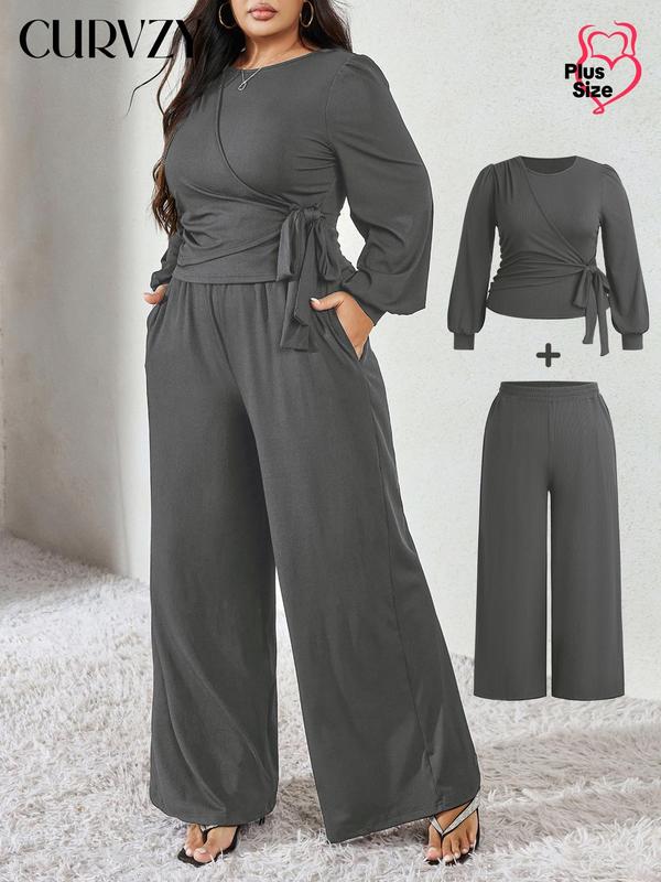 Black Friday Deals CURVZY Plus Size Two-piece Set Solid Ruched Tie Front Blouse & Wide Leg Pants Set, Elegant Bishop Sleeve Top & High Waist Trousers for Daily Wear, Women's Two-piece Outfits,Christmas 2024 Trend,Thanksgiving Outfits,Winter Outfits