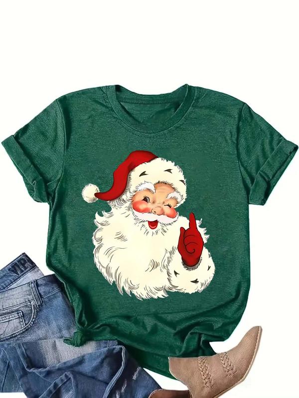  Santa Claus Print Round Neck Tee, Casual Short Sleeve Crew Neck T-shirt for All Seasons, Women's Clothing for Daily Wear