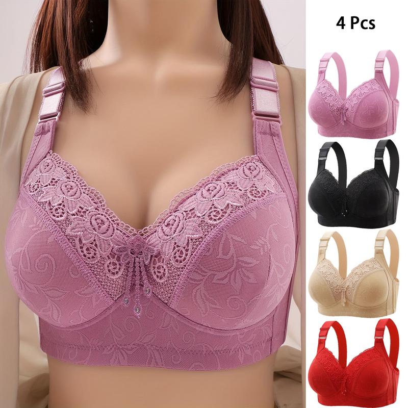4PCS Delicate Floral Contrast Lace Wireless Bra - Ultra Comfy, Breathable, Push-Up, and Adjustable Straps - Women's Lingerie and Underwear for Everyday Comfort and Confidence Womenswear Lady Basic Minimalist